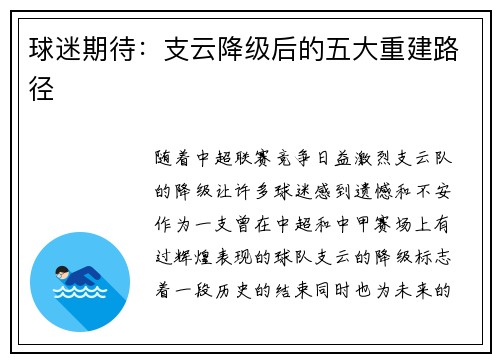 球迷期待：支云降级后的五大重建路径